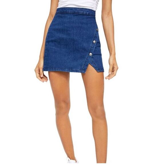 We The Free Womens Notched Front Button Denim‎ Mini Skirt Blue Size 12 - Picture 1 of 8